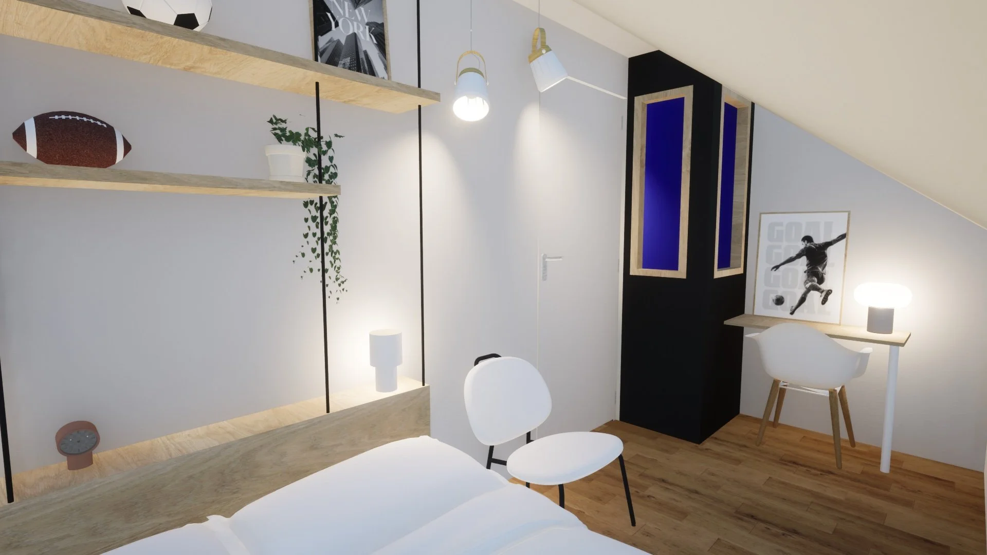 Chambre avec étagères en bois, décor sportif avec ballons de football et de rugby, lampe de chevet, tableau de football, et meuble noir avec portes bleues, bureau blanc avec lampe et chaise blanche. Par Alexane Azé Architecture X 360 design.