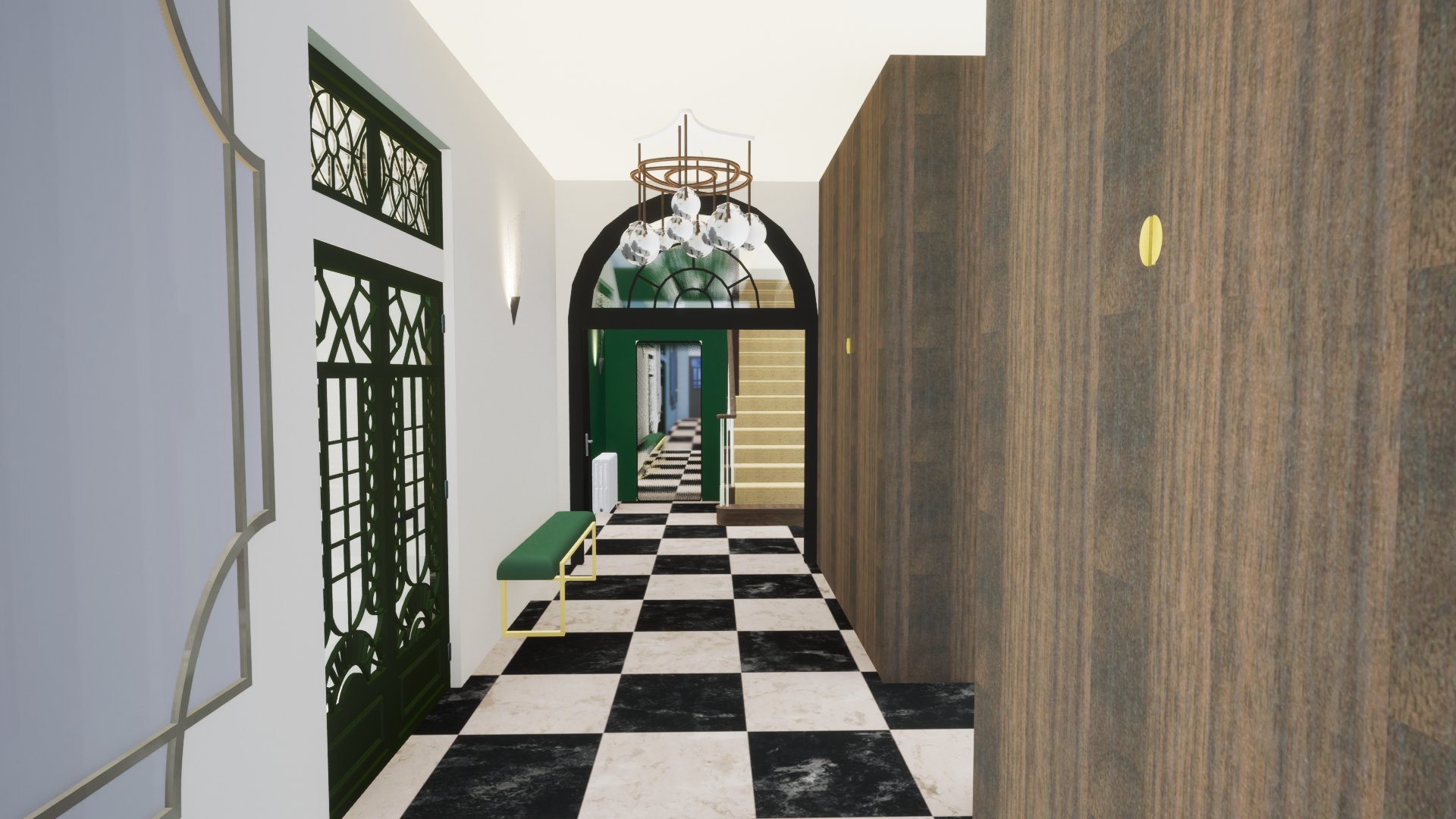 Couloir intérieur avec un sol en carreaux noir et blanc, des murs blanc et rangements en bois, un banc vert, une porte verte à motif, un chandelier suspendu et un escalier en bois. Par Alexane Azé Architecture X 360 design.