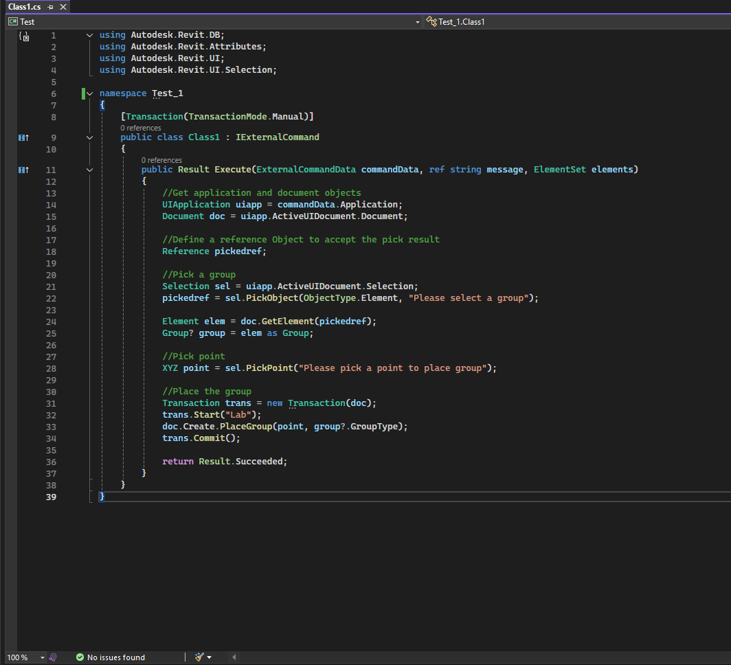 Screenshot of a computer screen displaying a C# programming script in Visual Studio, related to Autodesk Revit API, including namespaces, class definition, and a method for placing a group in a document by picking a point.