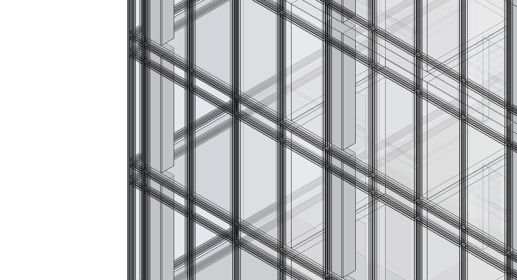 A wireframe architectural model of a multi-story building facade showing structural framework and window arrangements.