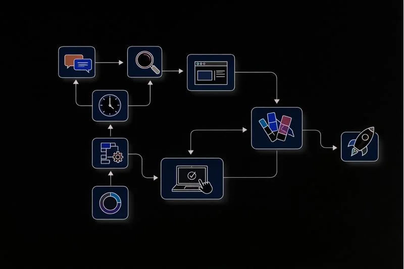 Flowchart illustrating a process with icons for chat, magnifying glass, webpage, color palette, rocket, settings, pie chart, and a laptop with a checkmark.