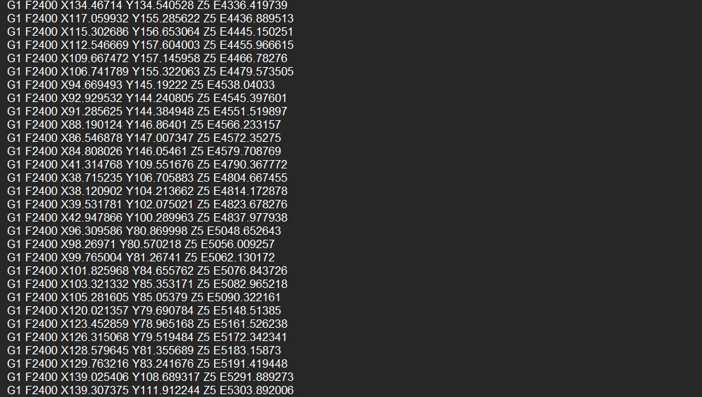 Example of G-code in text format for construction 3D printing, where each line begins with “G1” and is followed by latitude and longitude values, along with altitude (Z) and other numerical parameters.