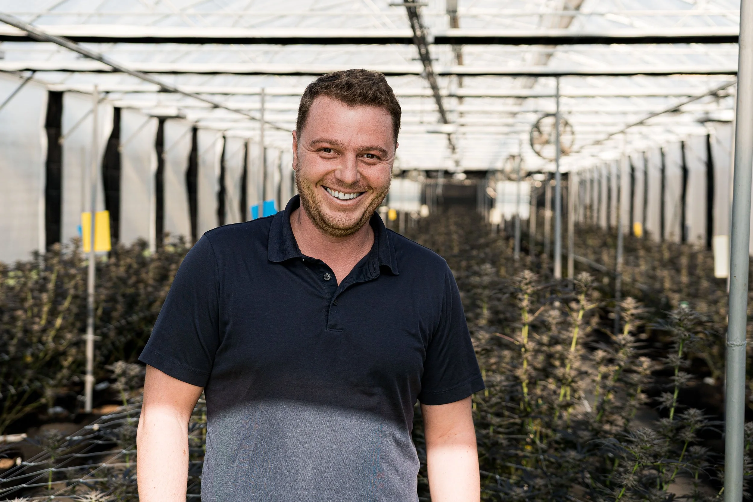 Smiling man standing in a greenhouse with rows of medical cannabis plants grown for Galaxia Living Soil strains.