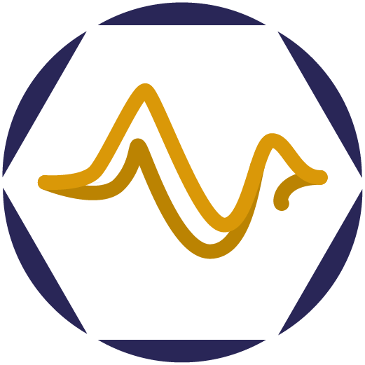 Logo mit einer stilisierten linearen Darstellung einer Spastik in Gold, umgeben von einem dunkelblauen sechseckigen Rand.