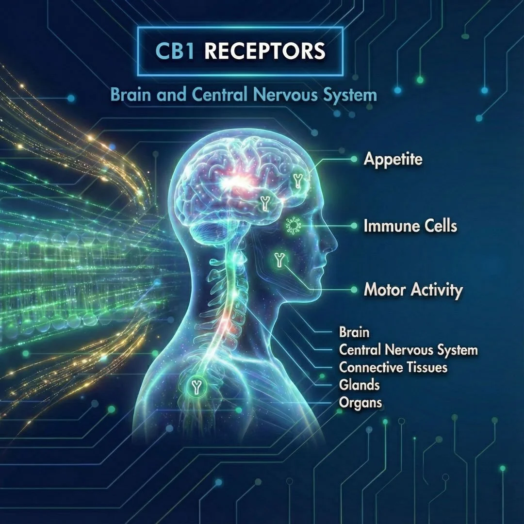 Die Grafik zeigt das menschliche Gehirn und das zentrale Nervensystem in Bezug auf Cannabinoidrezeptoren mit Beschriftungen für Appetit, Immunzellen, motorische Fähigkeiten und wichtige Organe.