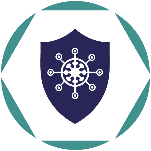 Symbol eines Schutzschildes mit einem Nervenstruktursymbol, umgeben von einem grünen Sechseck, das die Modulation chronischer Schmerzen anzeigt.