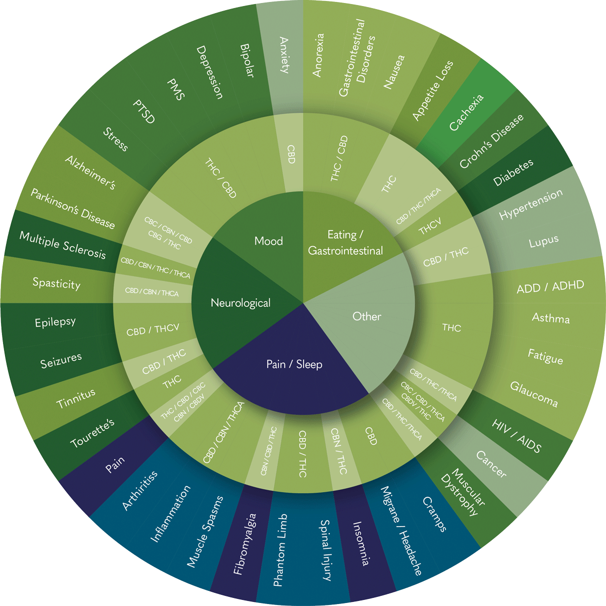 The diagram illustrates the relationships between the use of cannabis and cannabinoids and various health and mental conditions, as well as diseases such as Alzheimer’s, Parkinson’s, multiple sclerosis, epilepsy, diabetes, hepatitis, seizures, tinnitus, pain, osteoarthritis, arthritis, myositis, fibromyalgia, phantom limb pain, spinal injuries, stroke, migraine, cramps, insomnia, headaches, muscular dystrophy, cancer, HIV/AIDS, glaucoma, fatigue, asthma, ADD/ADHD, lupus, hypertension, Crohn’s disease, cachexia, loss of appetite, nausea, gastrointestinal disorders, anorexia, anxiety, depression, stress, PTSD, multiple sclerosis, Alzheimer's, Parkinson's, tinnitus, animal cruelty, pain, arthritis, inflammation, spasms, phantom limbs, spinal injuries, stroke, migraine, insomnia, headaches, muscular dystrophy, cancer, HIV/AIDS, glaucoma, fatigue, asthma, ADD/ADHD, lupus, hypertension, Crohn’s disease, cachexia, loss of appetite, nausea, gastrointestinal disorders, anorexia, anxiety, depression, stress, PTSD, multiple sclerosis, Alzheimer's, Parkinson's, tinnitus, animal cruelty, pain, arthritis, inflammation, spasms, phantom limb pain, spinal injuries, stroke, migraines, insomnia, headaches, muscular dystrophy, cancer, HIV/AIDS, glaucoma, fatigue, asthma, ADD/ADHD, lupus, hypertension, Crohn’s disease, cachexia, loss of appetite, nausea, gastrointestinal disorders, anorexia, anxiety, depression, stress, PTSD, multiple sclerosis, Alzheimer's, Parkinson's, tinnitus, animal cruelty, pain, arthritis, inflammation, spasms, phantom limb pain, spinal injuries, stroke, migraine, insomnia, headaches, muscular dystrophy, cancer, HIV/AIDS, glaucoma, fatigue, asthma, ADD/ADHD, lupus, hypertension, Crohn’s disease, cachexia, loss of appetite, nausea, gastrointestinal disorders, anorexia, anxiety, depression, stress, PTSD, multiple sclerosis, Alzheimer's, Parkinson's, tinnitus, animal cruelty, pain, arthritis, inflammation, spasms, phantom limb pain, spinal injuries, stroke, migraine, insomnia, headaches, muscular dystrophy, cancer, HIV/AIDS.