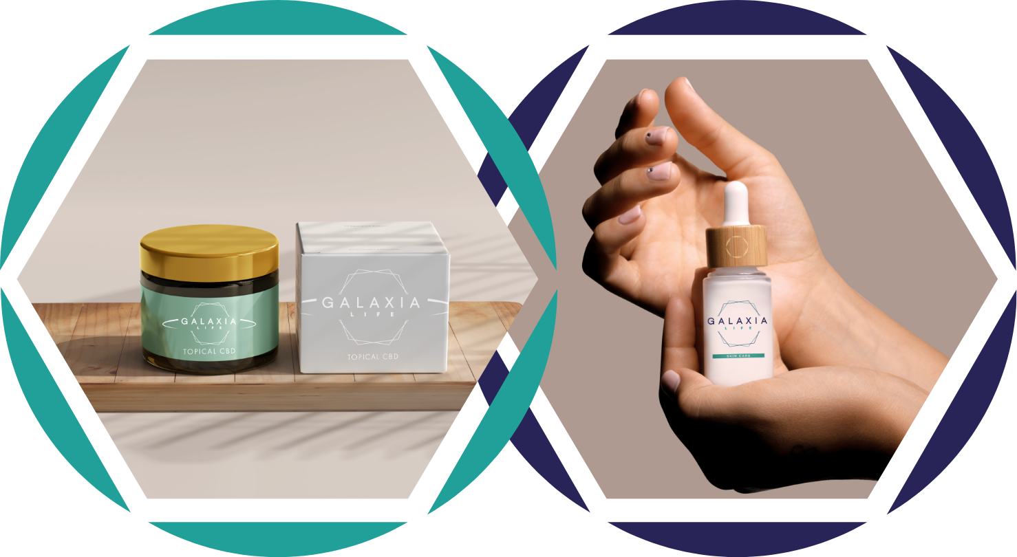 Die von Galaxia Life recherchierten Produkte, topische CBD-Creme und Pflegeöl, befinden sich in einer Flasche auf einem Holzbrett und werden in der Hand gehalten.