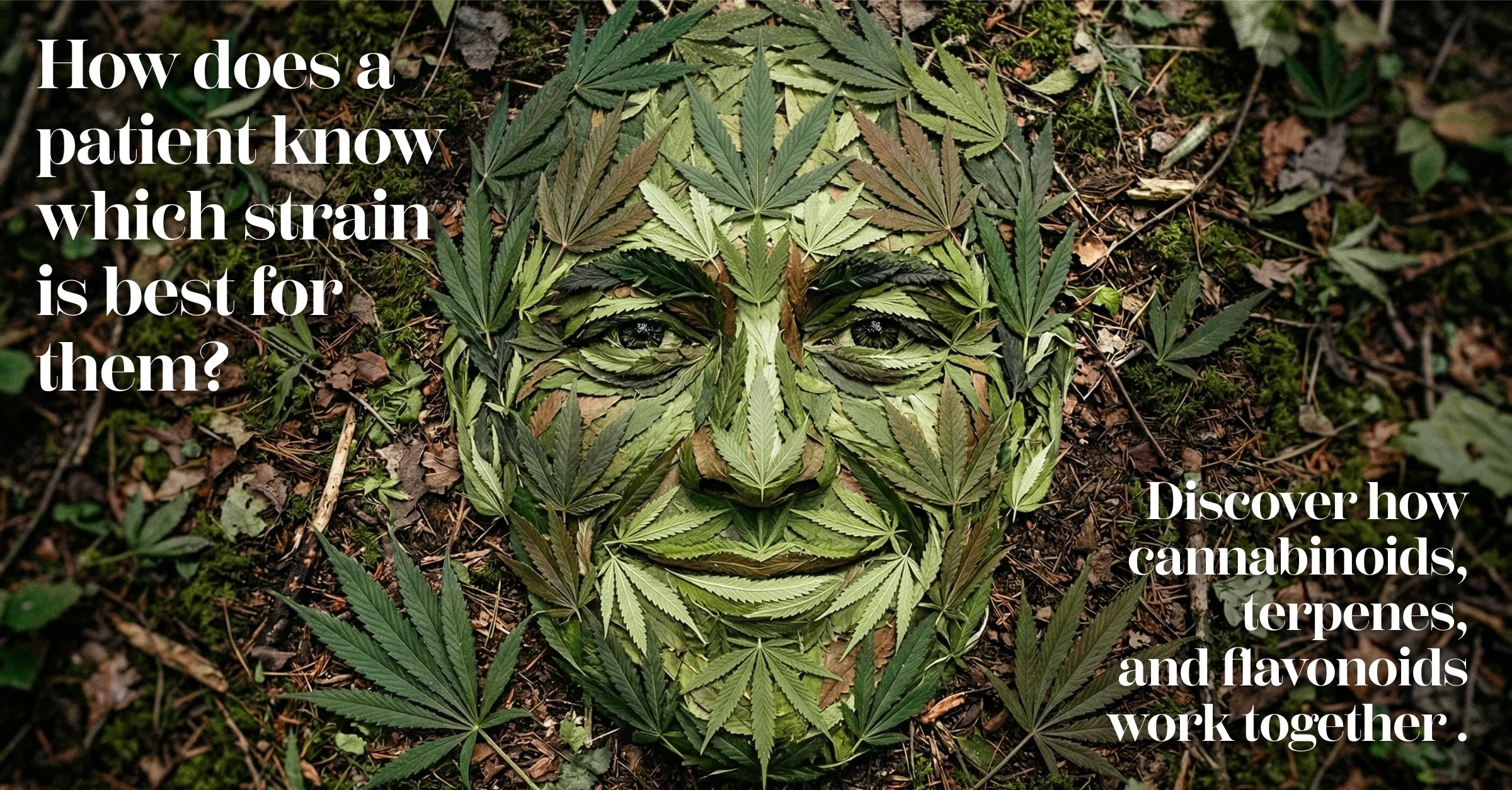 A collage of a man's face made up of many different colored cannabis leaves.