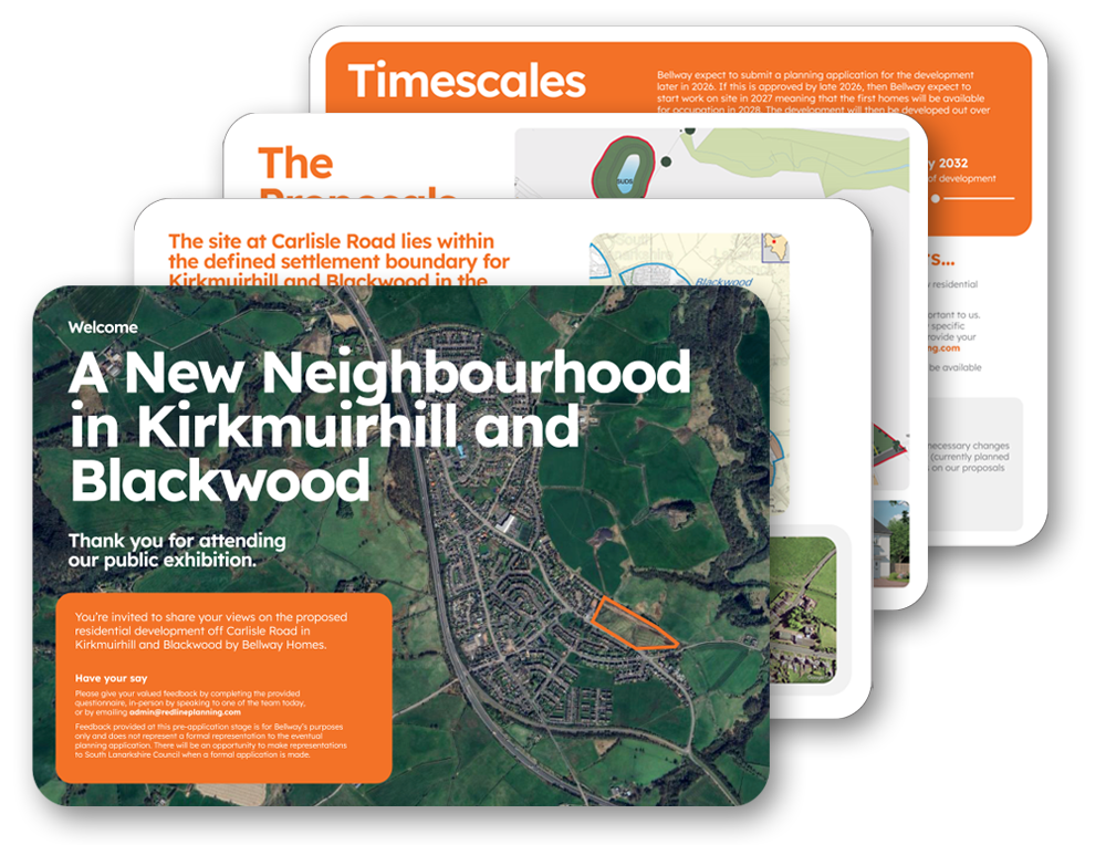 A digital presentation slide titled "A New Neighbourhood in Kirkmuirhill and Blackwood" showing an aerial map of the area, with text inviting public feedback on proposed residential development.