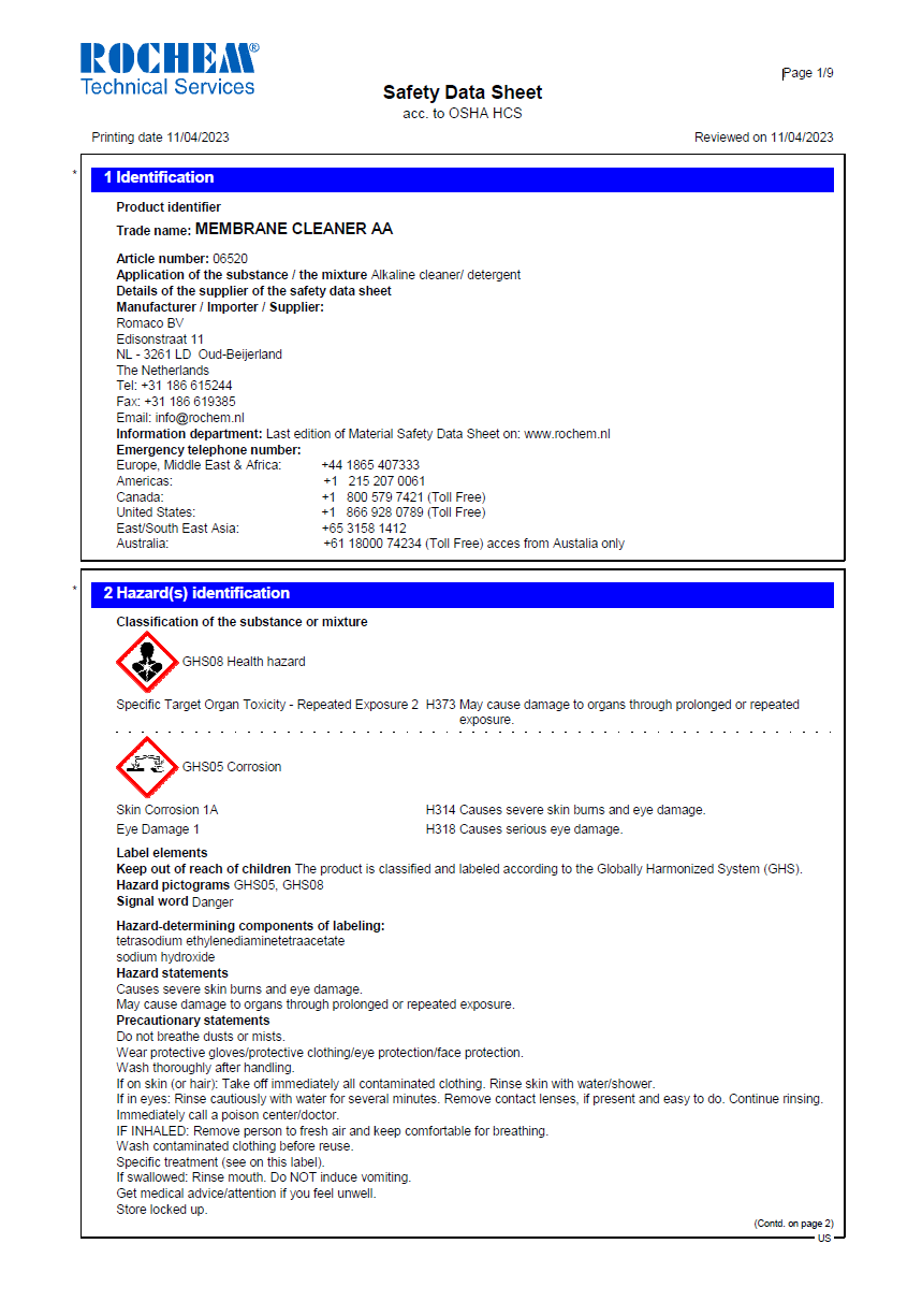 Safety data sheet for Membrane Cleaner AA from Rochem Technical Services, detailing product identifier, supplier information, hazard classification, precautionary statements, and emergency contact numbers. Includes hazard pictograms and information on health risks such as skin and eye damage.