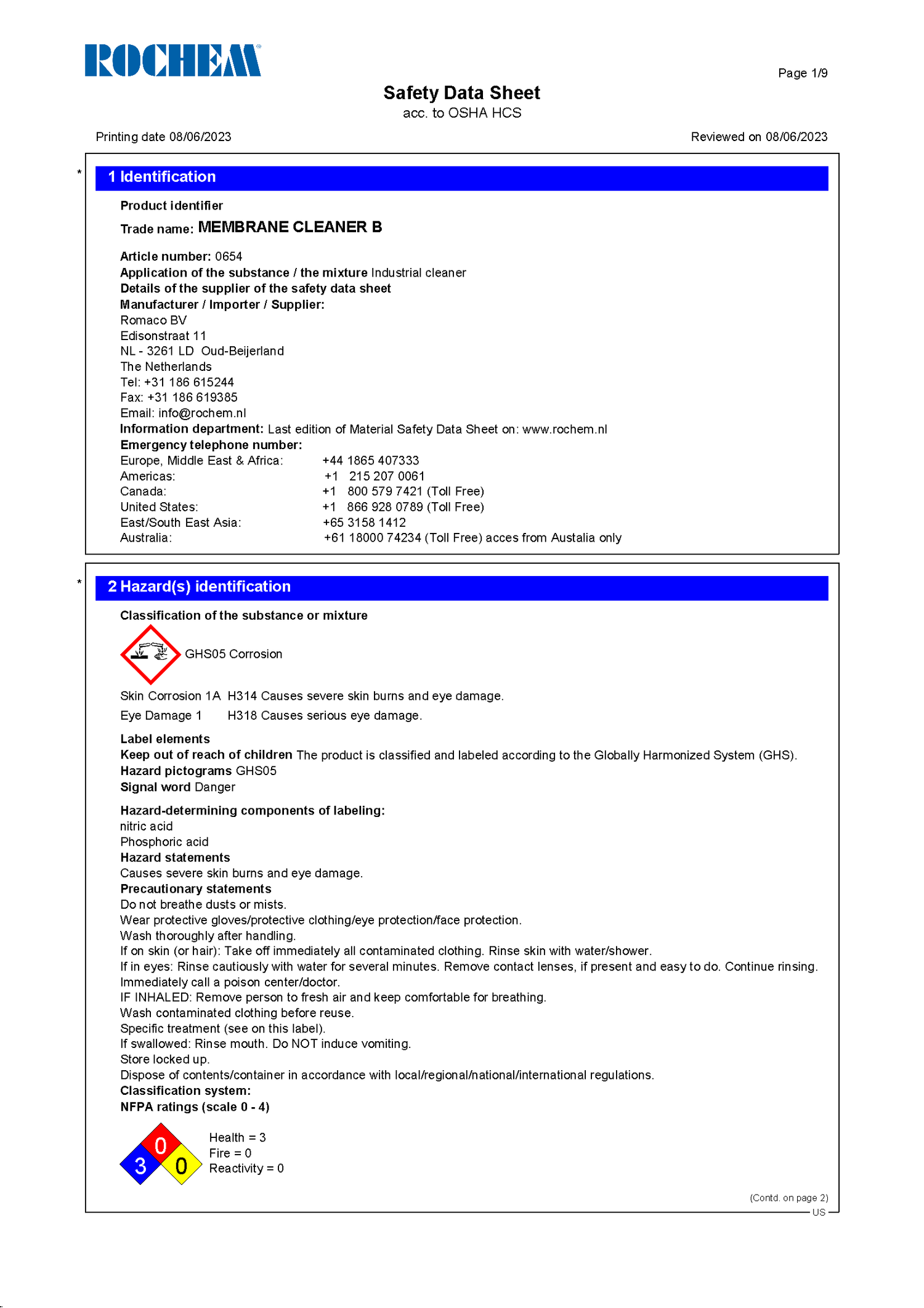 A safety data sheet for ROCHÉM Membrane Cleaner B, including contact information and hazard identification details such as GHS05 corrosion symbol and precautionary statements.