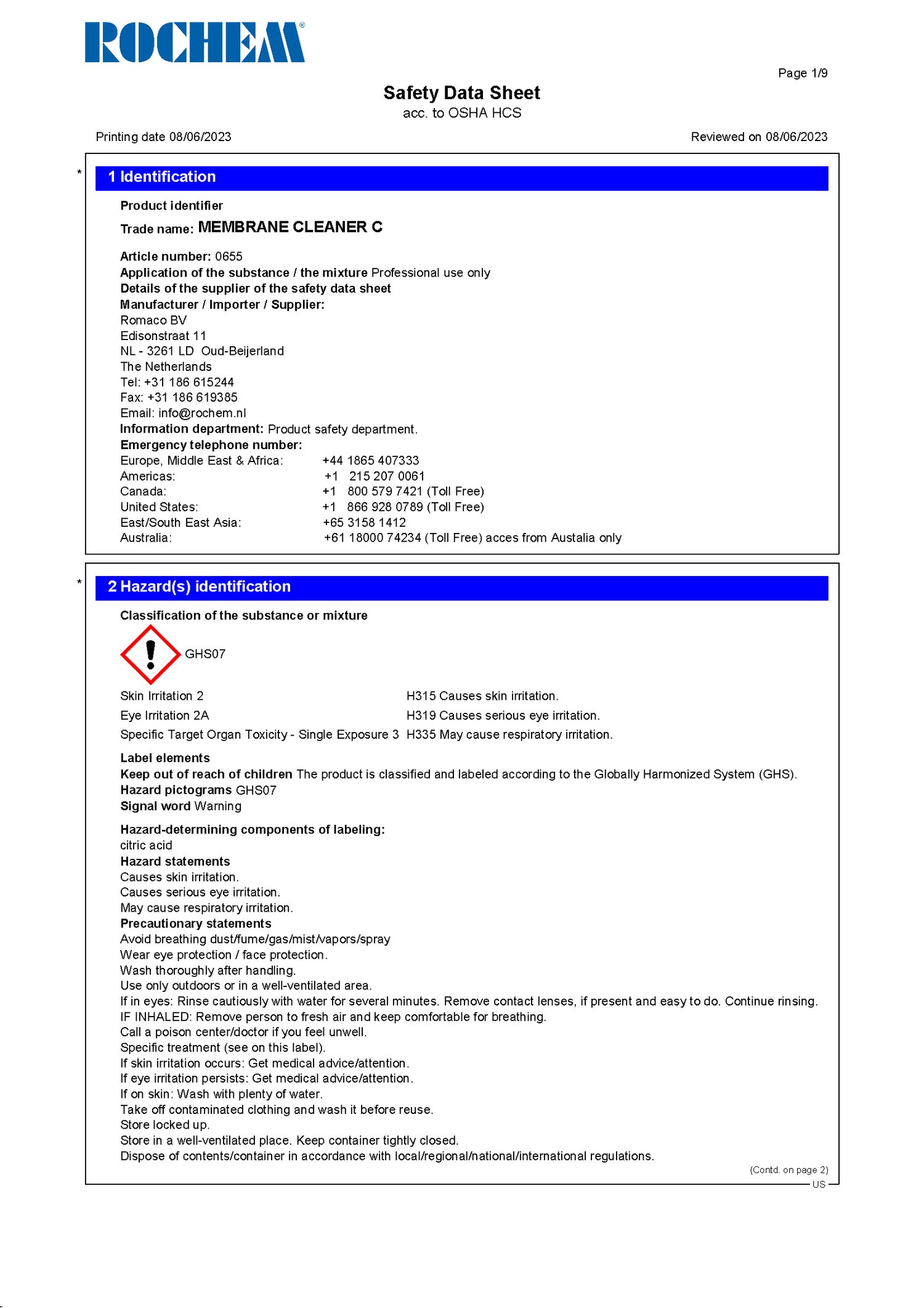 Safety data sheet for Membrane Cleaner C including identification, hazards, manufacturer info, and precautions. Contains GHS warnings and handling instructions, dated 08/06/2023, by Rochem.