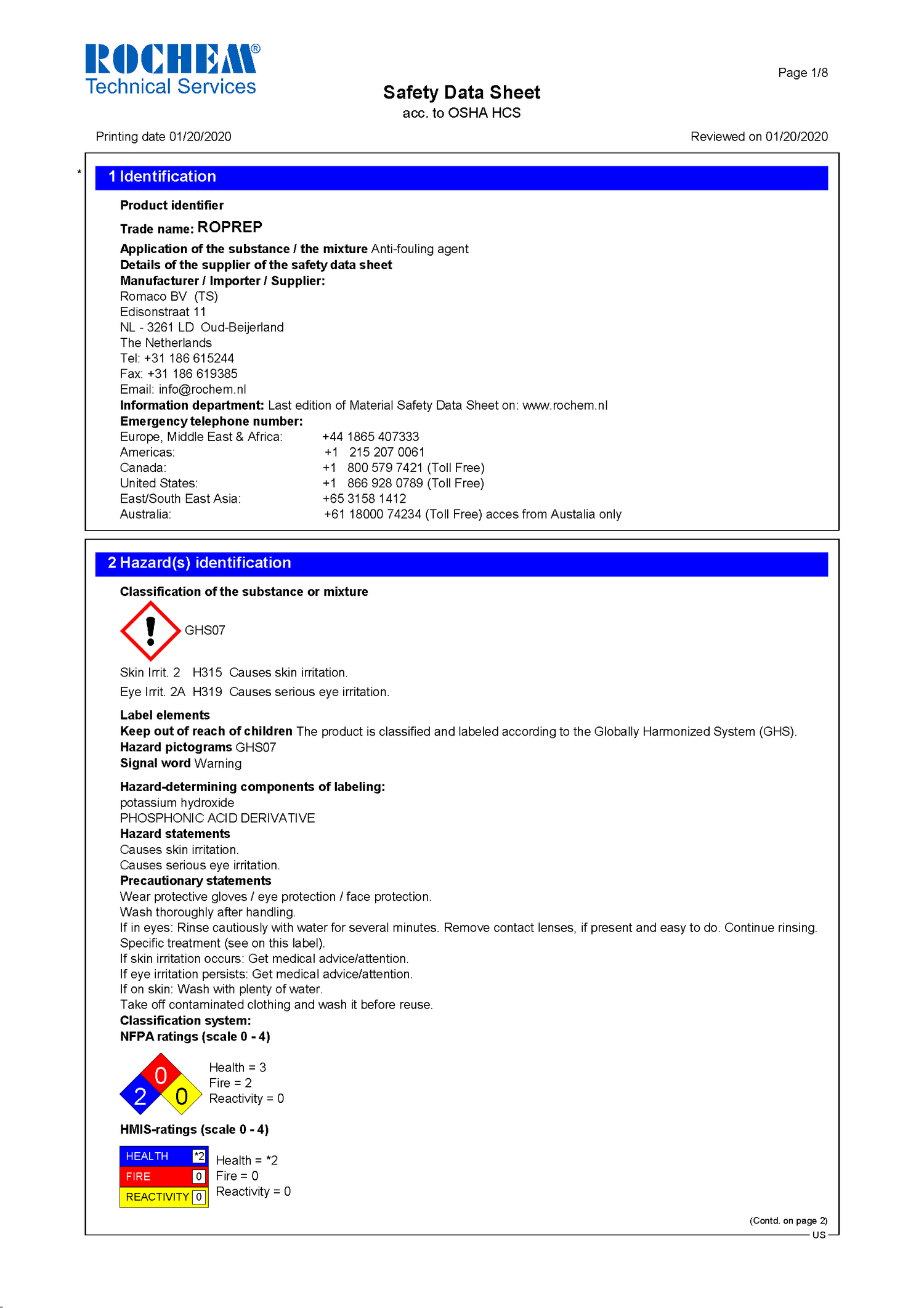 Safety data sheet for ROPREP by Rochem Technical Services, detailing product identification, hazards, emergency contacts, and precautionary measures, dated 01/20/2020.
