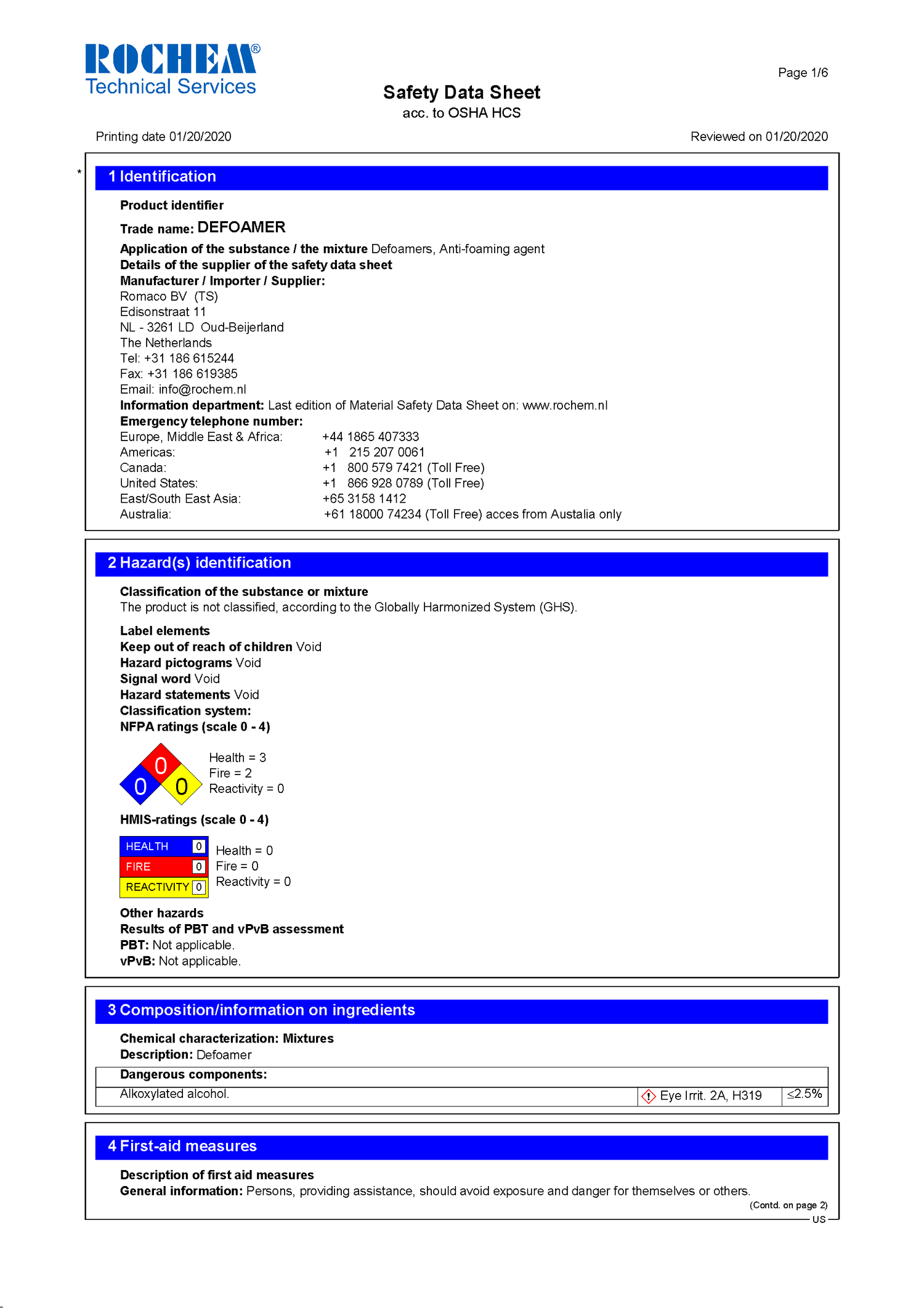 Safety Data Sheet for a product called DEFOAMER, detailing hazard classification, ingredients, and first aid measures, published by Rocheem Technical Services.