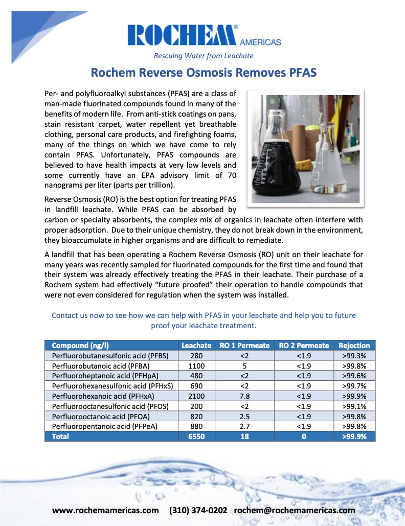 Flyer about Rochem Reverse Osmosis technology for removing PFAS from leachate. It explains the challenges of PFAS and how reverse osmosis can effectively treat it. Includes a table comparing compound levels in leachate and permeate before and after treatment, showing significant rejection rates.