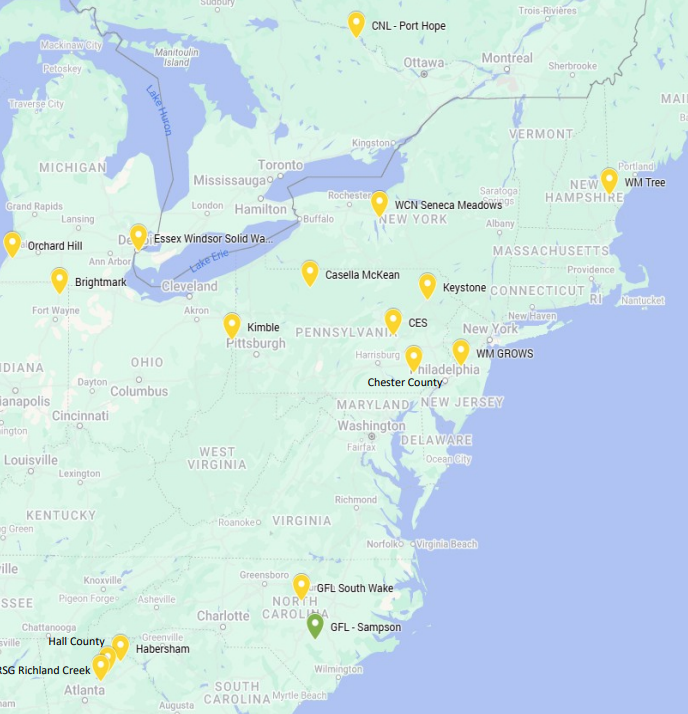 Locations of Rochem: Map showing waste management locations in parts of the USA and Canada, including cities like Atlanta, Philadelphia, and Toronto, with specific sites marked, such as Essex Windsor Solid Waste and GFL Sampson.