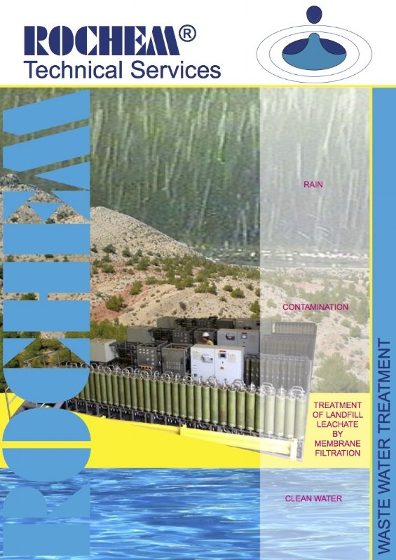 Rochem Technical Services brochure for waste water treatment, showing rain, contamination, treatment plant equipment, and clean water.