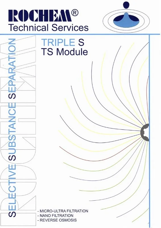 Rochem Technical Services Triple S TS Module brochure cover with the text "Selective Substance Separation" and a diagram featuring curved lines and filtration types: micro-ultra filtration, nano filtration, and reverse osmosis.