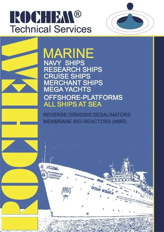Rochem Technical Services marine poster with a ship illustration, offering services for navy ships, research ships, cruise ships, merchant ships, mega yachts, and offshore platforms. Advertisement for reverse osmosis desalination and membrane bio-reactors.