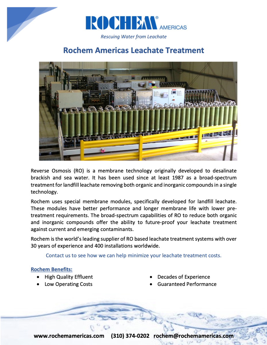 Rochem Americas Leachate Treatment brochure featuring reverse osmosis technology for landfill leachate. Image shows industrial equipment and detailed text about benefits and capabilities. Contact information and website details included.