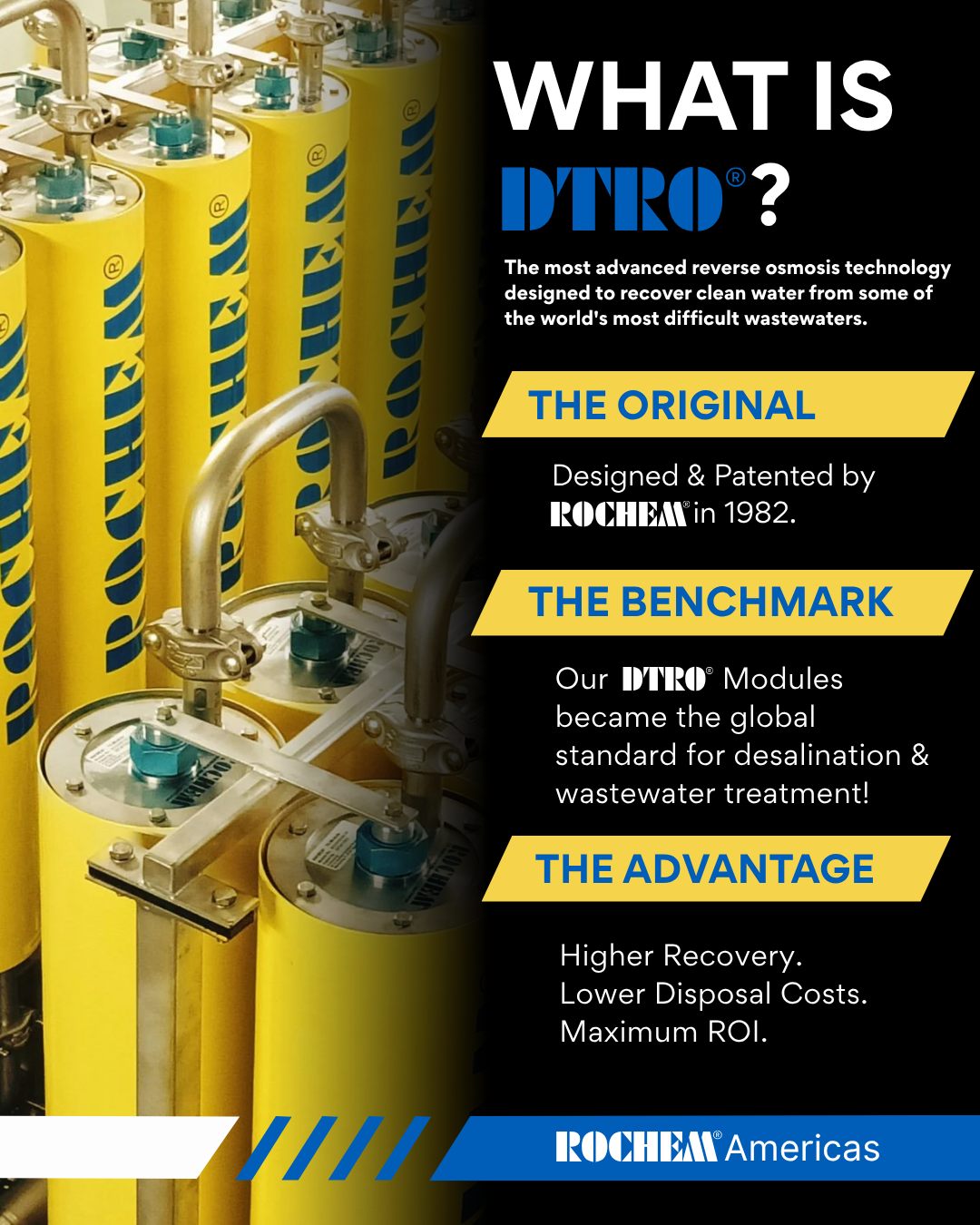 A poster titled "WHAT IS DTRO?" with information regarding Rochem's invention and patent of Disc Tube Reverse Osmosis Technology in 1982. DTRO became the benchmark for wastewater treatment, and provides advantages to users like high ROI.