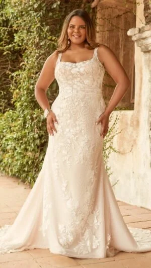 Albany Nature-inspired lace Curve wedding dress with a square neck at Eden Bridal Belfast.
