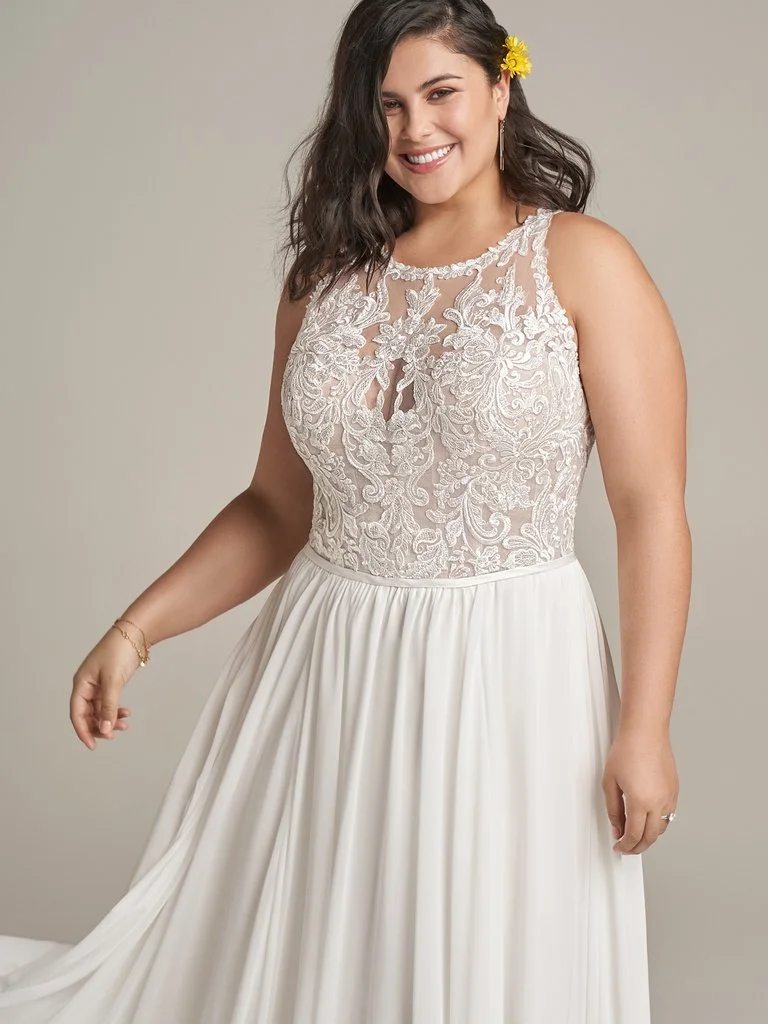 Tasha Curve Chiffon illusion lace bridal dress with dreamy A-line skirt at Eden Bridal Belfast
