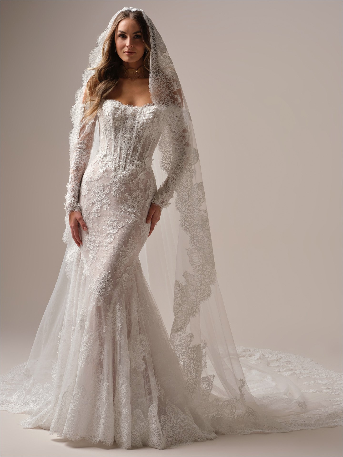 Takera Basque waist 3D floral lace mermaid bardot wedding dress at Eden Bridal Belfast