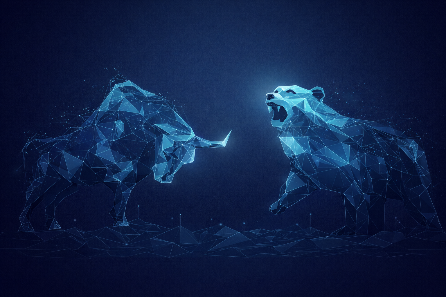 Digitale Illustration von Kampf zwischen einem Virtuellen Bullen und einem Virtuellen Bären, dargestellt in Blauen Line Art Polygonen auf dunklem Hintergrund.