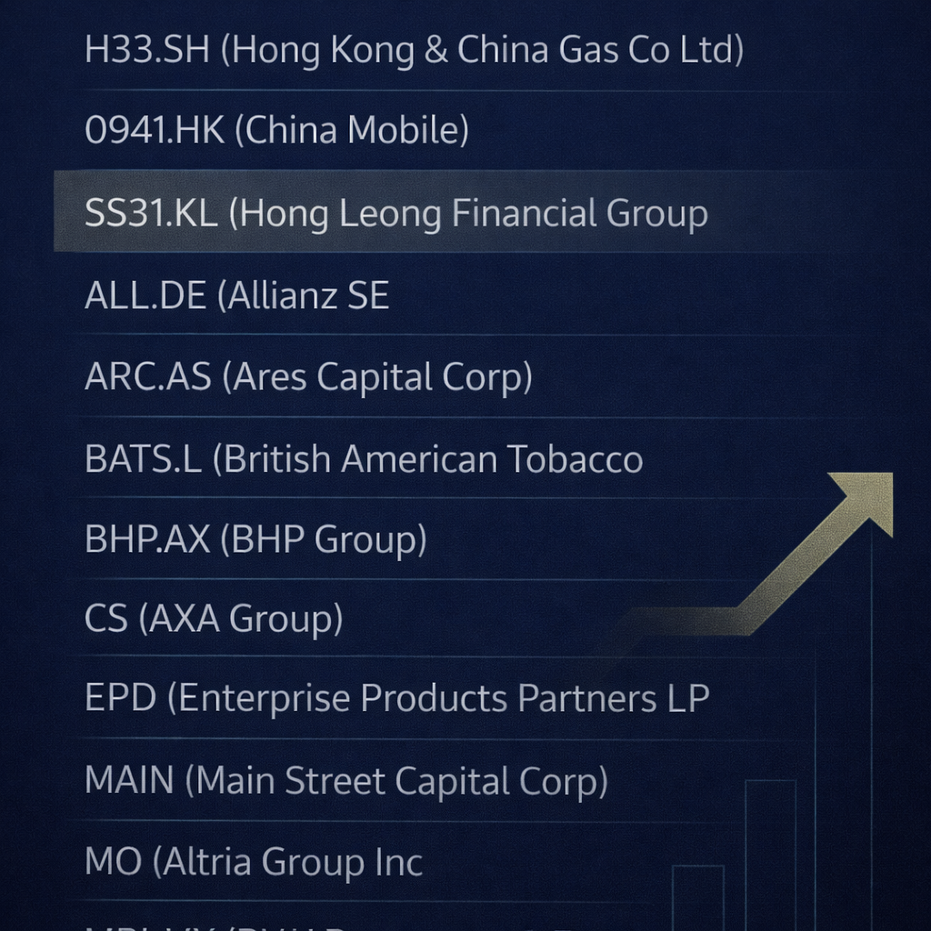 Liste von Aktien- oder Unternehmensnamen mit Tickersymbolen, inklusive Hong Kong, China, Deutschland, Großbritannien und internationalen Firmen, mit einem Pfeil nach oben, der auf einen positiven Trend oder Anstieg verweist.