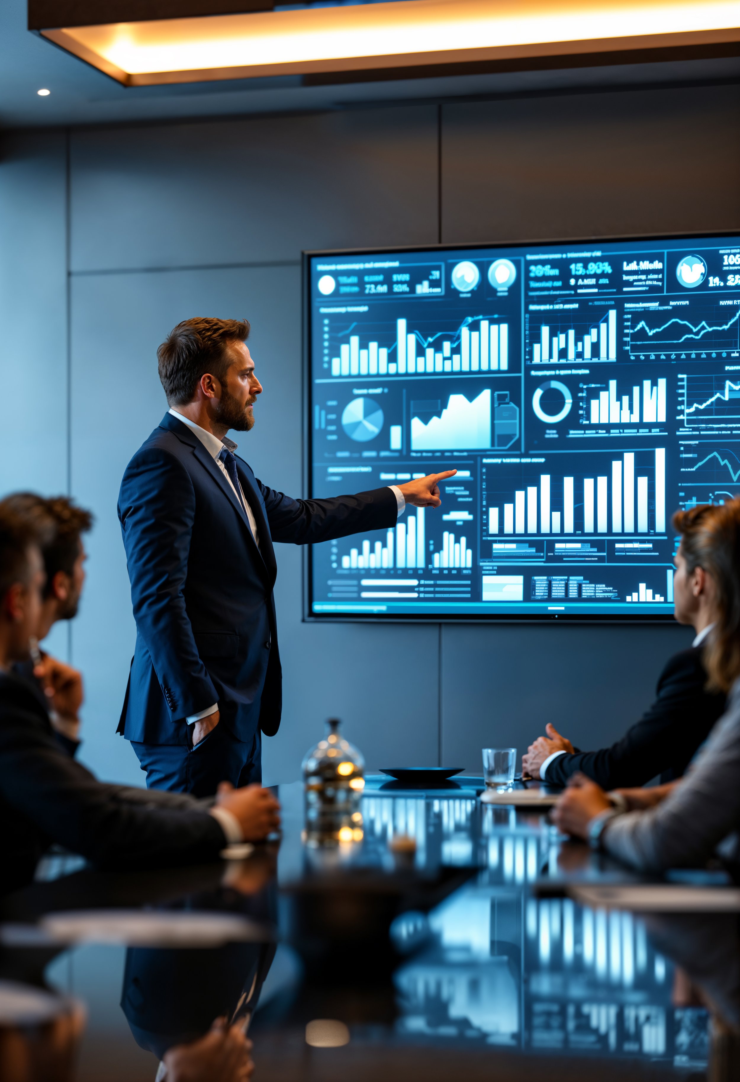 Businessman in suit giving a presentation on financial data to colleagues in a conference room, pointing at a large screen displaying various graphs and charts.