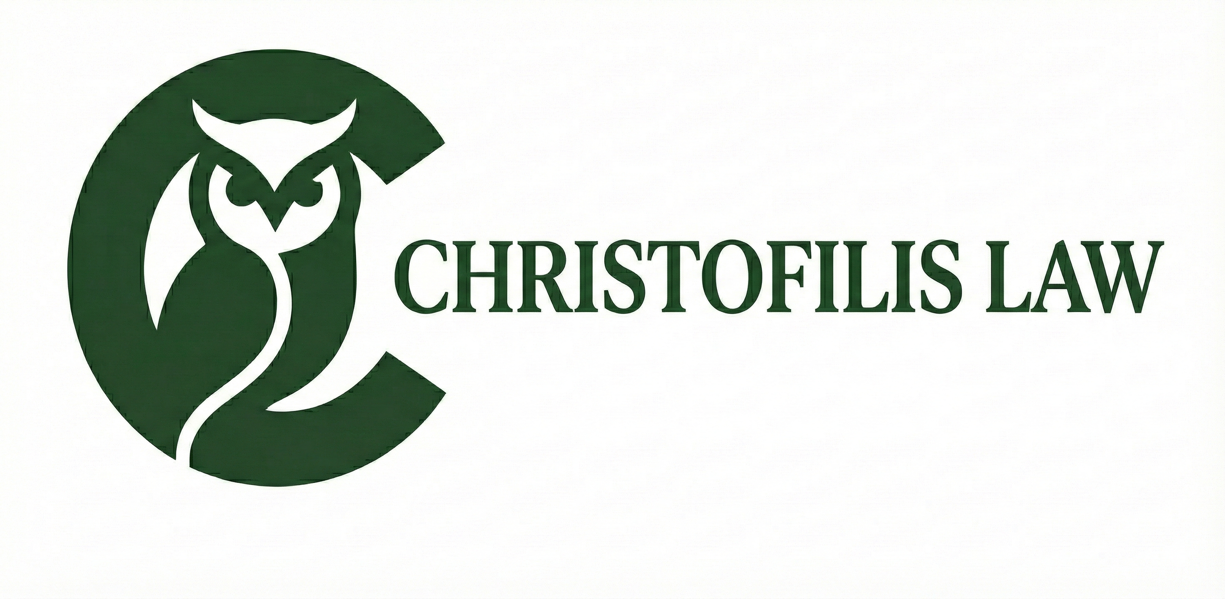 Green logo combining an owl and the letter C with the words "Christofilis Law"