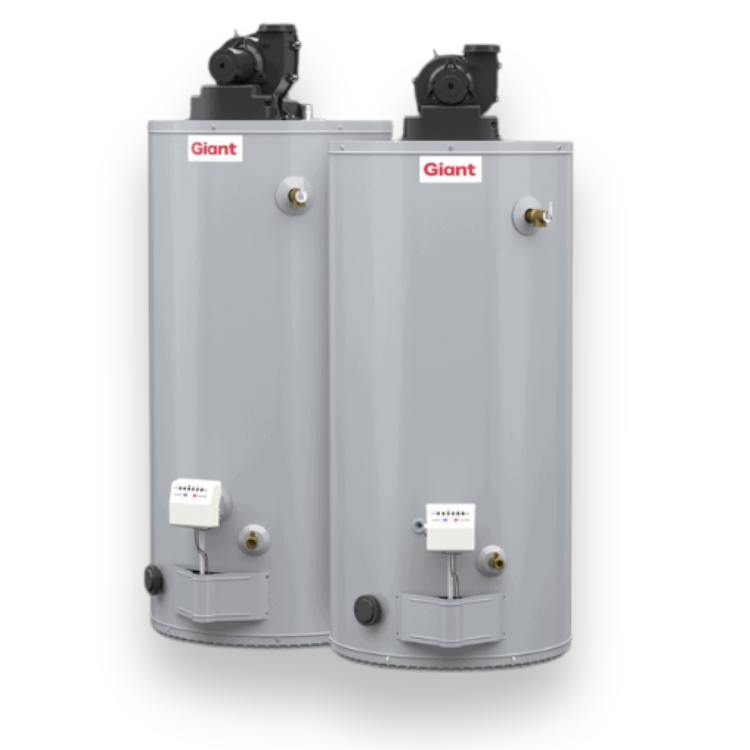 Two large gray industrial water heaters with black top components and labeled 'Giant' on both units, set against a black background.