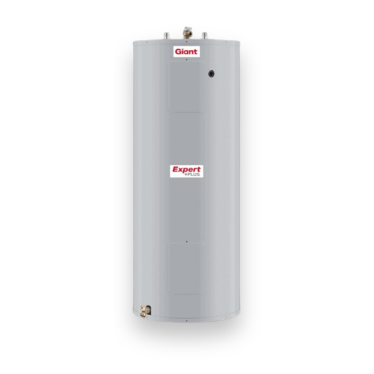 A tall, cylindrical, gray water heater with the brand name 'Giant' and the model label 'Expert Plus' on it.