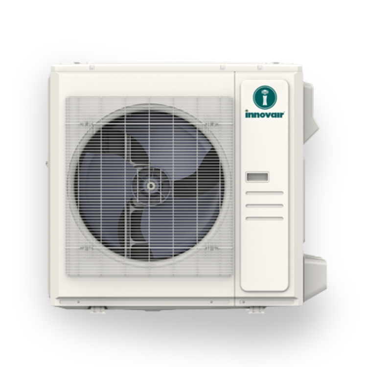 White outdoor air conditioning unit with a protective grill covering the fan, labeled 'Innovair' with a logo