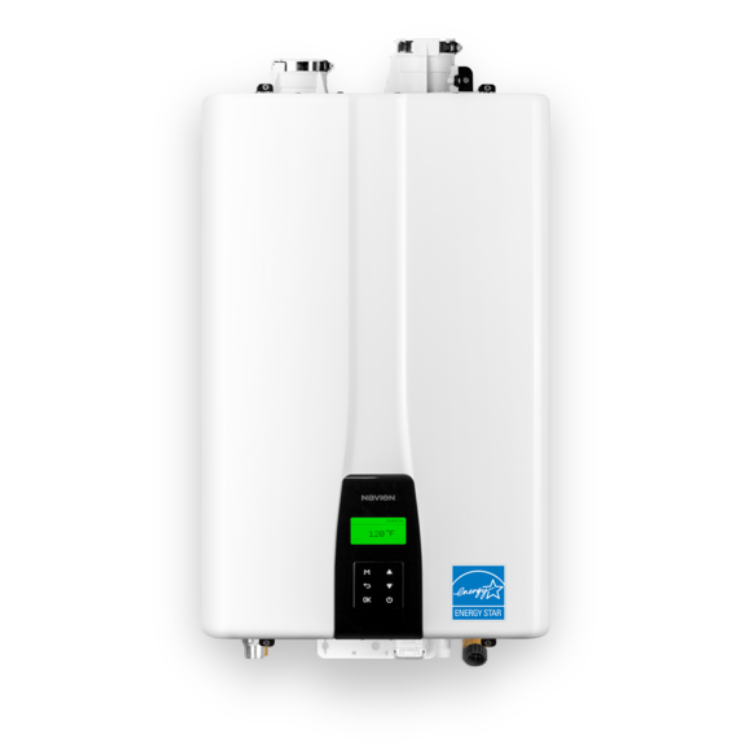 A white tankless water heater with digital controls and an ENERGY STAR label, set against a black background.