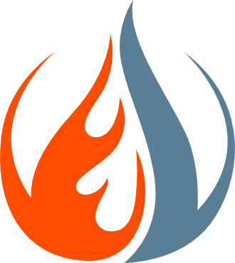A graphic design featuring a flame in orange and a water droplet in blue, stylized with sharp, curved lines.