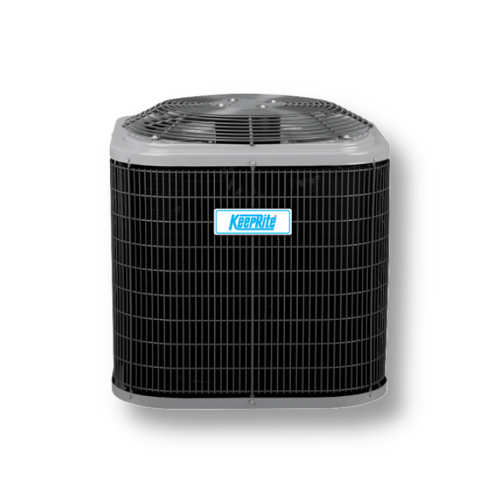 Black and grey cube shaped central aid conditioning unit, with metal grill around sides and on top. Brand label reads "KeepRite" written in blue on a white label.