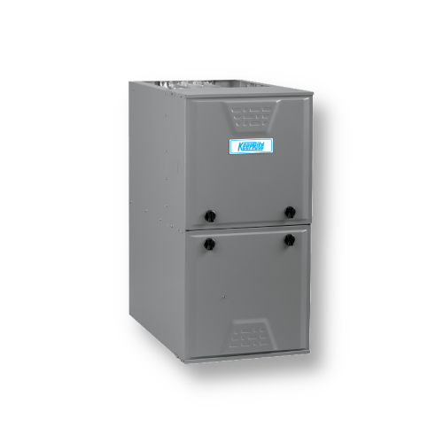 Grey rectangular metal furnace unit with four black round knobs on the front and a KeepRite brand label in blue on white.