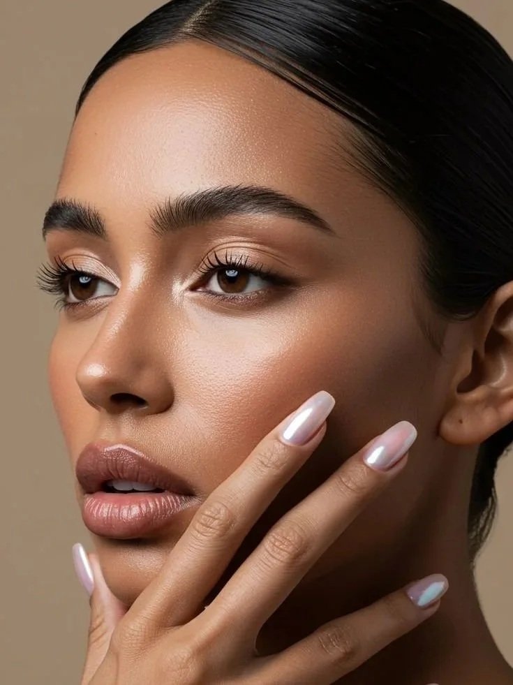 Close-up portrait of a woman with smooth skin, dark eyebrows, long eyelashes, and glossy lips, touching her face with her fingers.