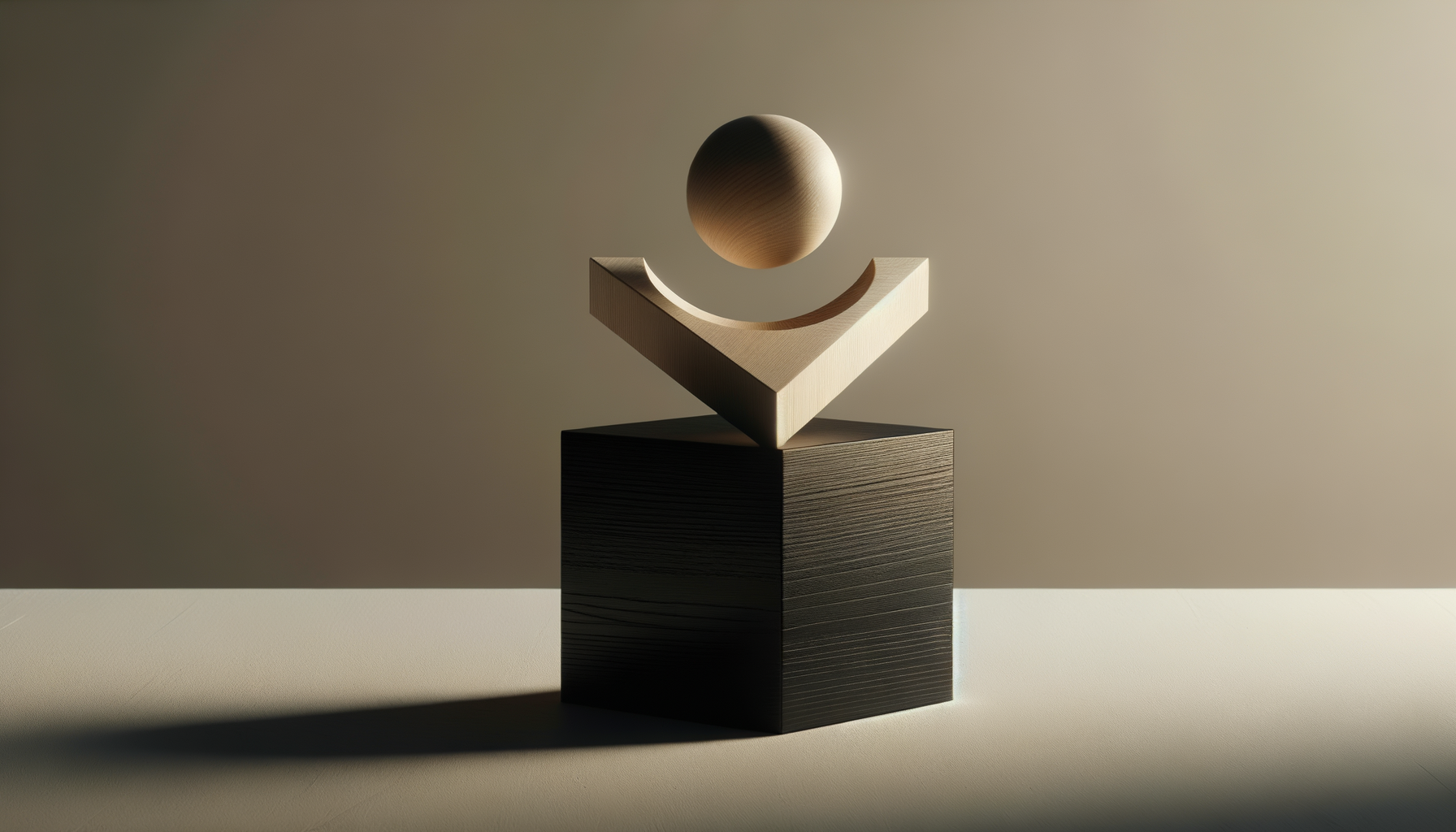Composizione di forme geometriche in legno, con sfera, arco e blocco, in ambiente con luce morbida.