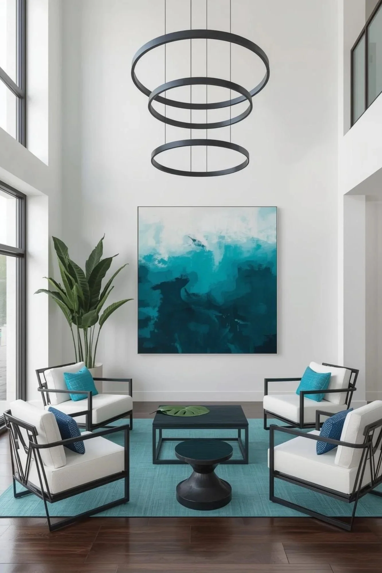 Luxury commercial lobby lounge with triple ring pendants, teal abstract art, and biophilic design — Gloria Black Design Naples Florida
