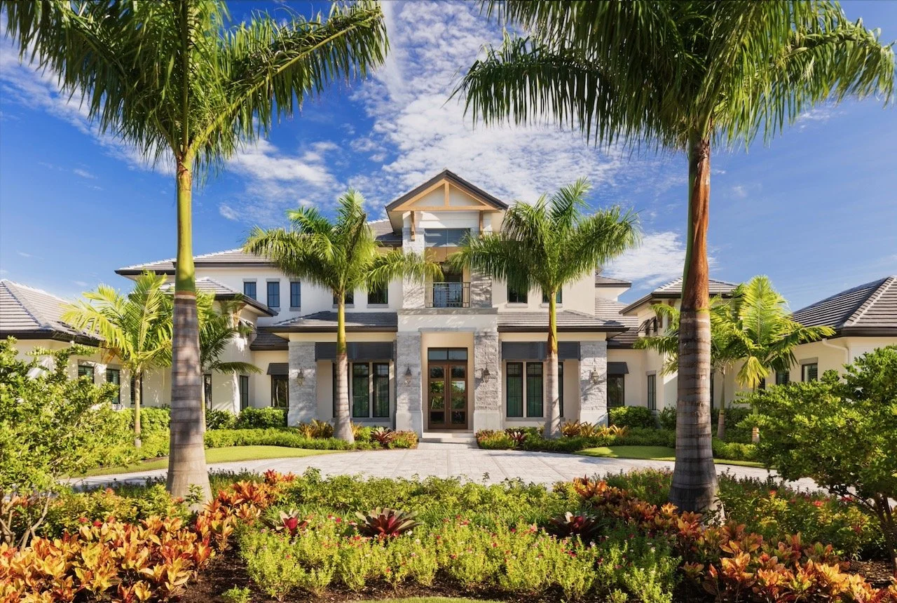 New England Charmer custom estate exterior with tropical landscaping and pool Naples Florida — Gloria Black Design