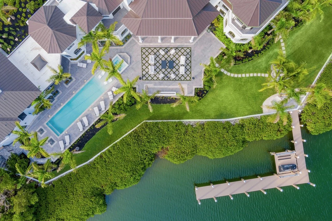 Aerial overview of Writer's Repose waterfront estate and grounds, Stuart Florida — Gloria Black Design