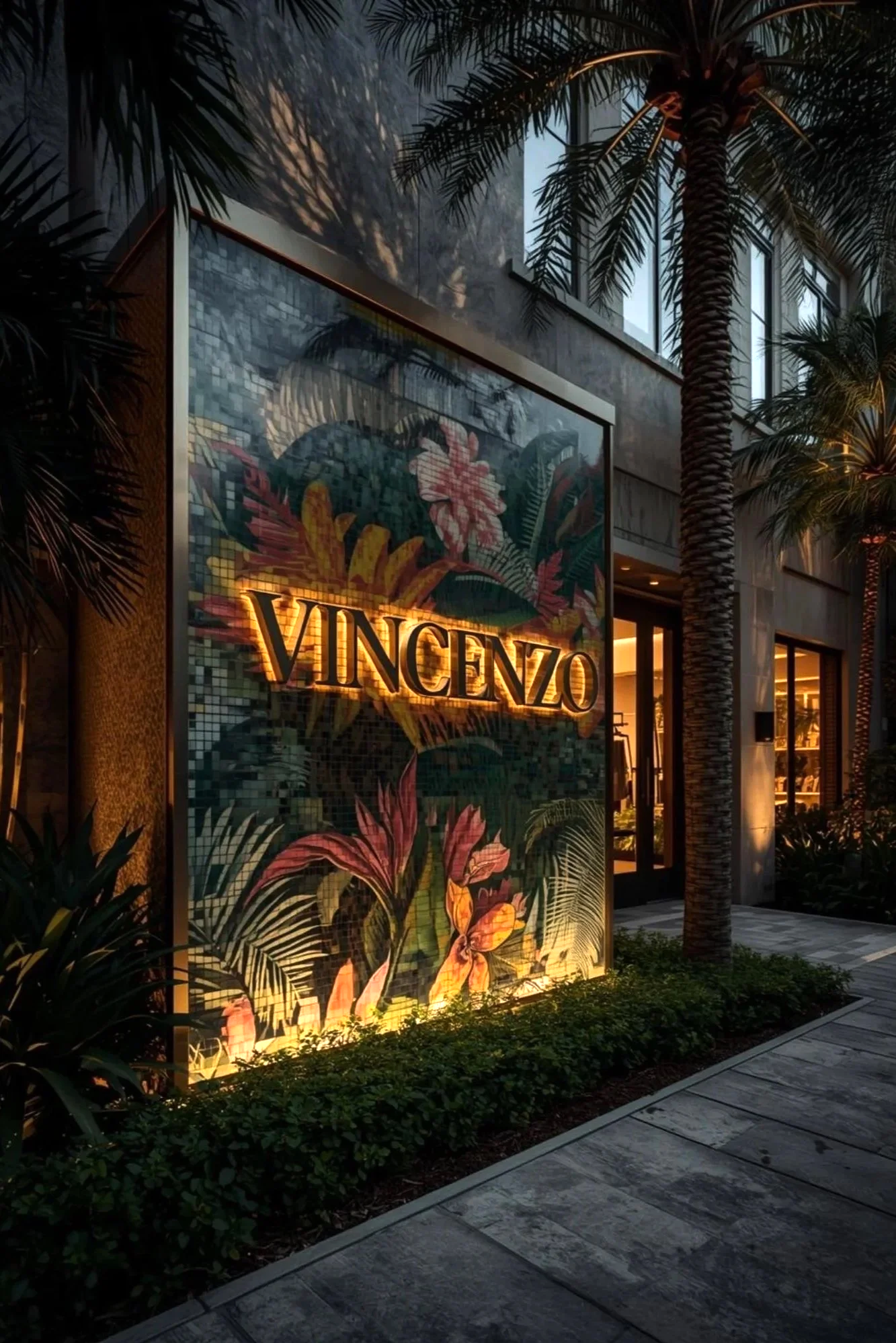 Luxury hospitality exterior signage design — tropical botanical restaurant facade, brand identity and wayfinding by Gloria Black Design Florida