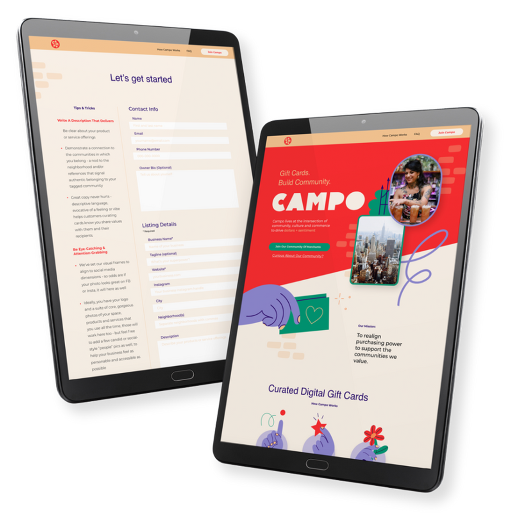 Two tablets displaying a community website with digital gift card images and registration forms.