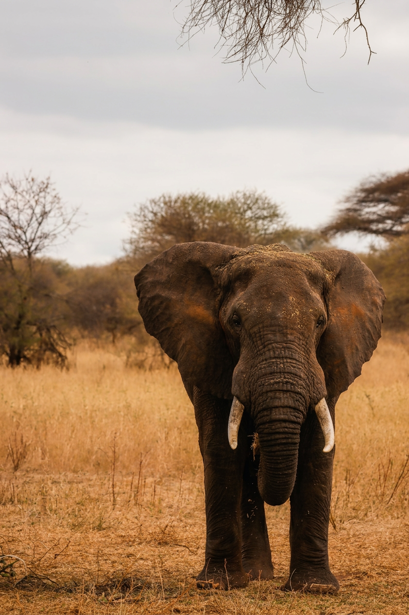 An adult elephant standing in a dry, grassy landscape with sparse trees in the background.
