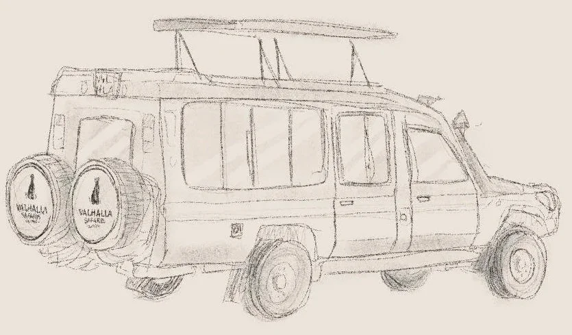 A sketch of a safari vehicle with two spare tires at the back labeled 'Valhalla Skirs' and a roof rack.