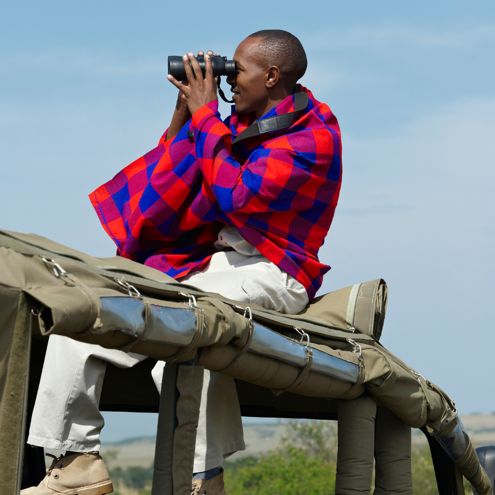 A person with short hair wearing a red and blue checkered blanket over their shoulders is sitting on an open vehicle roof, looking through binoculars at a distant landscape with a blue sky.